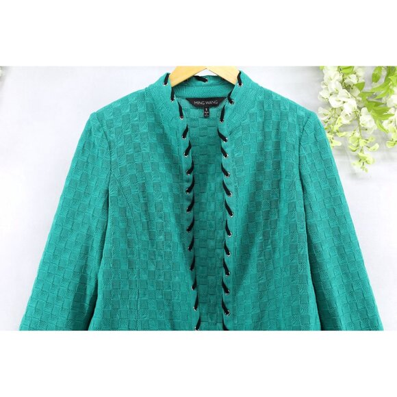 Ming Wang Women's Knit Open Front Blazer Sweater Green With Black Trim Sz S - Picture 3 of 9